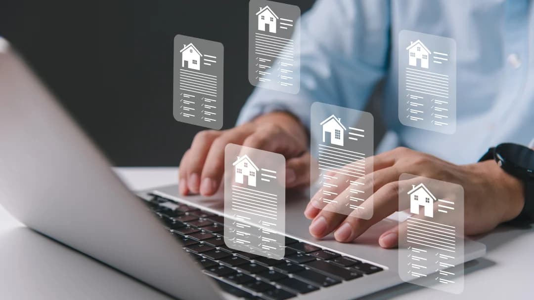 A man typing on a laptop, with icons related to private mortgage displayed on the screen.